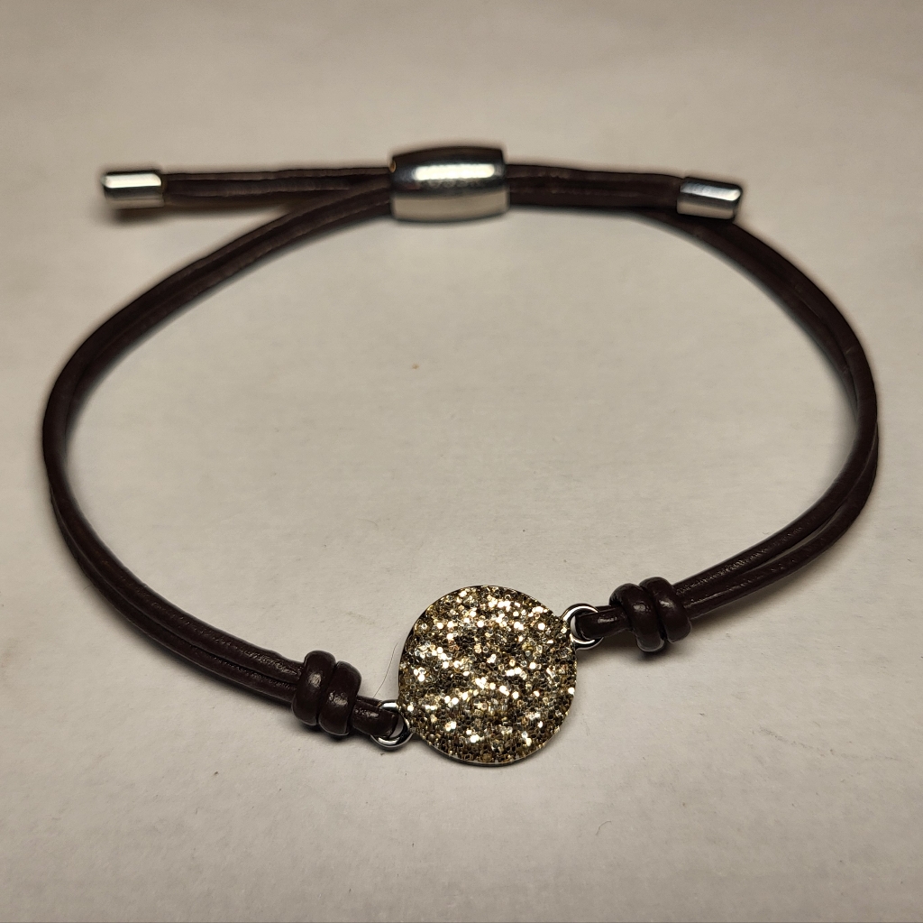 Fossil Silver Glitz Disc And Leather Adjustable Bracelet 16$